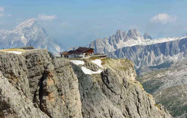 View from the top of Lagazuoi with refuge at background, Dolomites, Italy