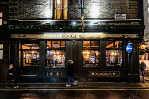 The Adam and Eve pub in London. It is on a street corner at Palmer Street near Whitehall, London, England, UK.