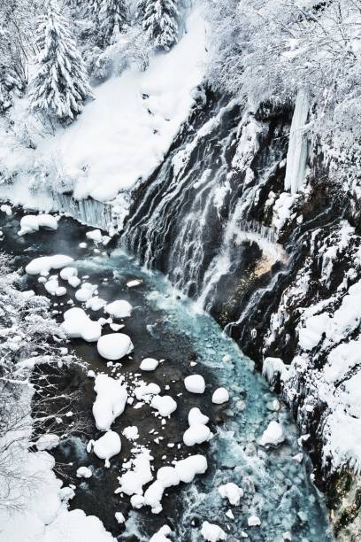 Shirogane Waterfall in Winter at Biei Patchwork Road, Hokkaido, Japan Biei Town, Hokkaido, Japan, Shirogane Blue Pond, Beard shirogane blue pond stock pictures, royalty-free photos & images