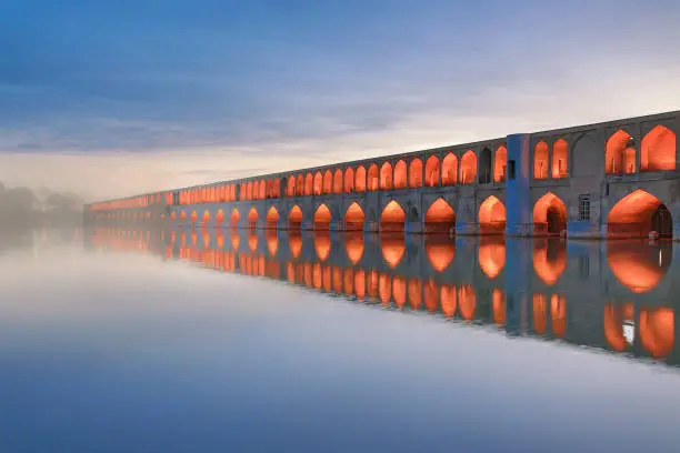 Historical Siosepol Bridge in Isfahan and its reflection in water, Iran
