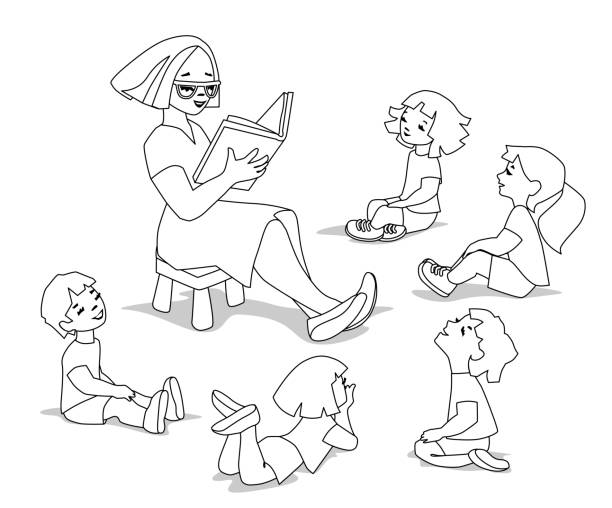 Children and teacher Group of kids sitting in circle around the teacher and listening a story. Children in elementary school. teacher clipart stock illustrations
