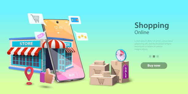 ilustrações, clipart, desenhos animados e ícones de modelo de página de desembarque de compras on-line, conceito de loja móvel, entrega rápida. - backgrounds web page interface icons internet