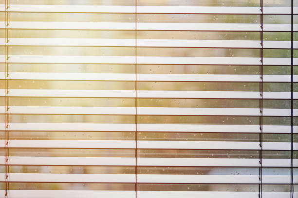 istock Office blinds. Modern wooden jalousie. Office meeting room lighting range control. 1191230176