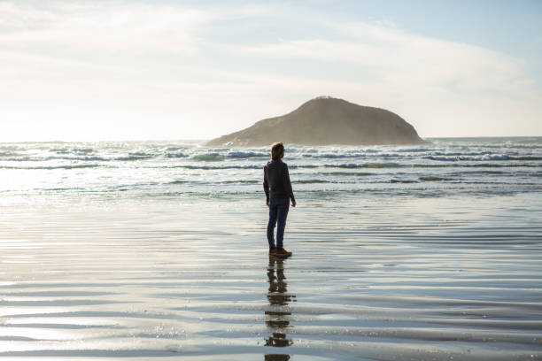istock Young man standing on beach at sunset watching the waves, wilderness area 1191230651