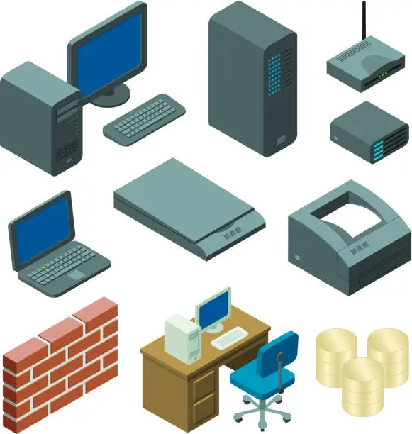 Vector illustration of Isometric Computer Network Components