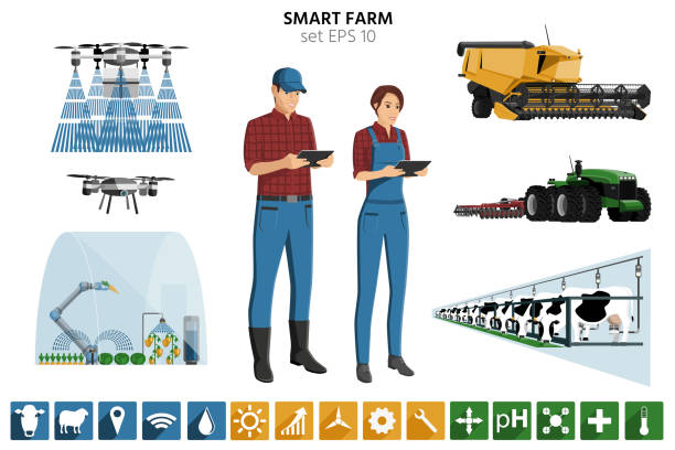 ilustrações de stock, clip art, desenhos animados e ícones de smart farming set - farmer