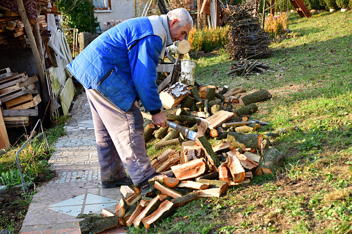 Woodcutter cuts wood with an ax in the garden of the village