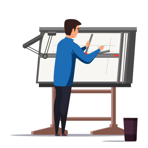 ilustrações de stock, clip art, desenhos animados e ícones de architect designer working on project illustration. engineer using professional equipment. male flat character drawing building plan. blueprint on drafting table. confused student at maths class. - drafting plan engineering planning