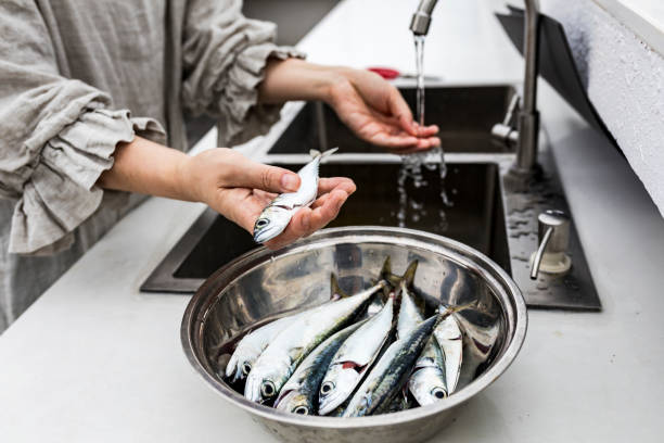 Woman chef cleans fish  in water Cleaning fresh fish in big sink. fish blood stock pictures, royalty-free photos & images
