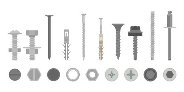 Screw assortment set side and from above view Flat screw construction hardware set side and from above view. Cartoon silver metallic fasteners, bolts, washer, nut, rivet, screw-bolt, rawl plug. Equipment and tools assortment. Vector illustration screw industry bolt nut stock illustrations