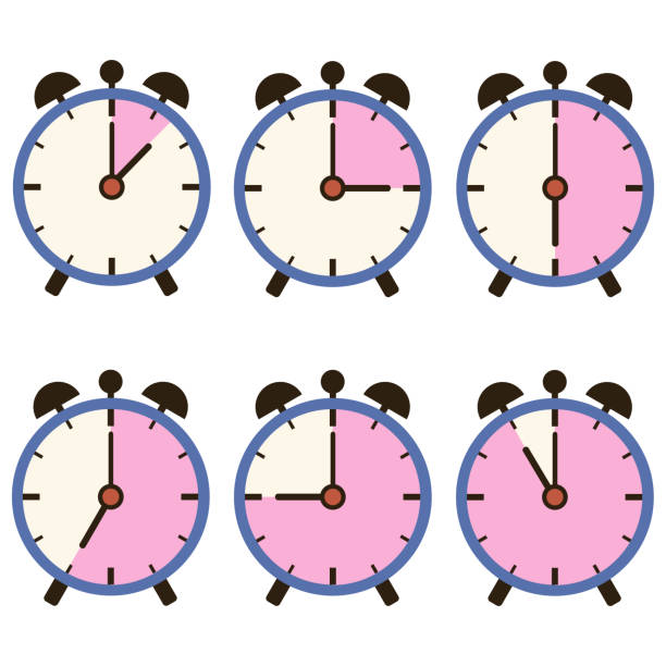 ilustrações de stock, clip art, desenhos animados e ícones de set of clock icons showing different time. flat design, vector. - minute hand number 10 clock hand number 11