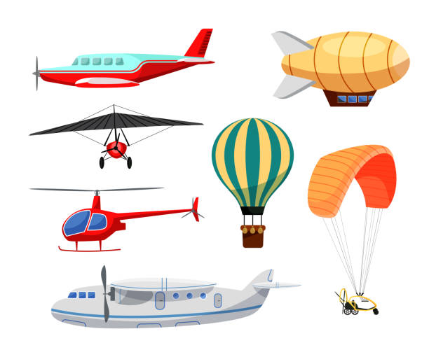 illustrations, cliparts, dessins animés et icônes de ensemble d'illustrations de vecteur plat de transport aérien - air vehicle business airplane multi colored