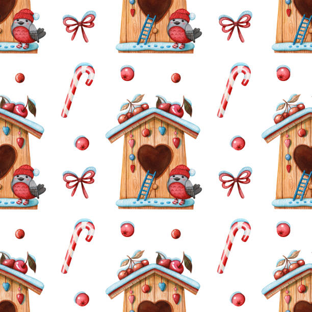weihnachtsmuster von vogelhaus und stierfink vogel - birdhouse wood isolated white background stock-grafiken, -clipart, -cartoons und -symbole