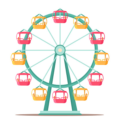 Ferris wheel spinning flat illustration. Amusement park cartoon drawing. Retro, vintage attraction isolated design element. Funfair, carnival, festival. Leisure activities for children clipart