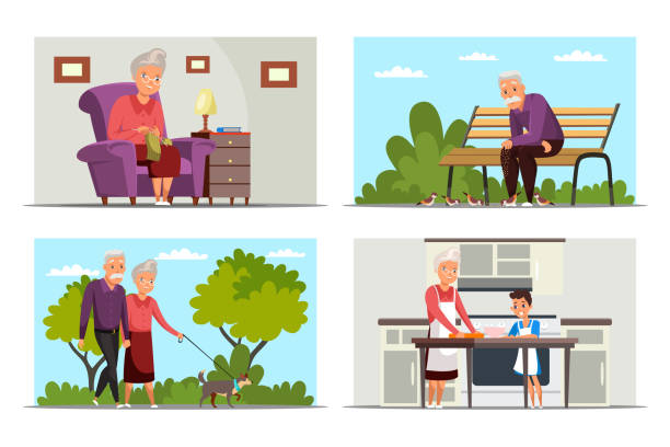 пожилой образ жизни плоский вектор иллюстрации набор - grandmother knitting senior women senior adult stock illustrations