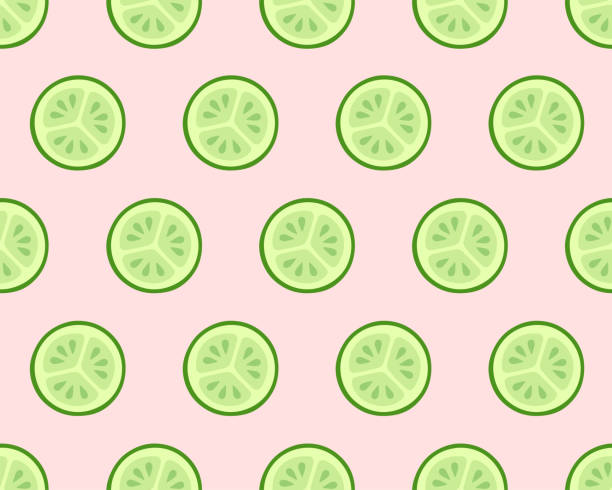 Seamless cucumber pattern Seamless texture of cucumber slices on pink background. Healthy frood or cosmetic ingredient pattern. Vector illustration. cucumber slice stock illustrations