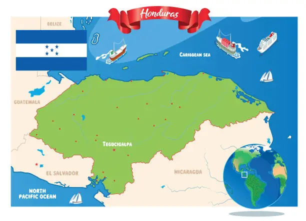 Vector illustration of Honduras, Tegucigalpa, San Pedro Sula, Choloma, La Ceiba, El Progreso, Ciudad Choluteca, Comayagua, Puerto Cortez, La Lima, Danlí, Siguatepeque, Juticalpa, Villanueva, Tocoa, Tela, Santa Rosa de Copán, Olanchito, San Lorenzo,