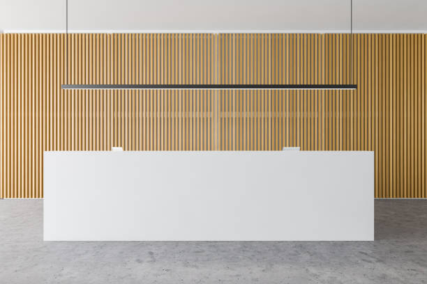 istock Reception desk in wooden office hall 1191249473