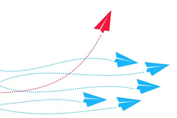 Vector illustration of Red plane changes direction. New idea, trend, change, courage, innovation and unique concept of the path, new thinking with airplane, creative decision, think differently – vector