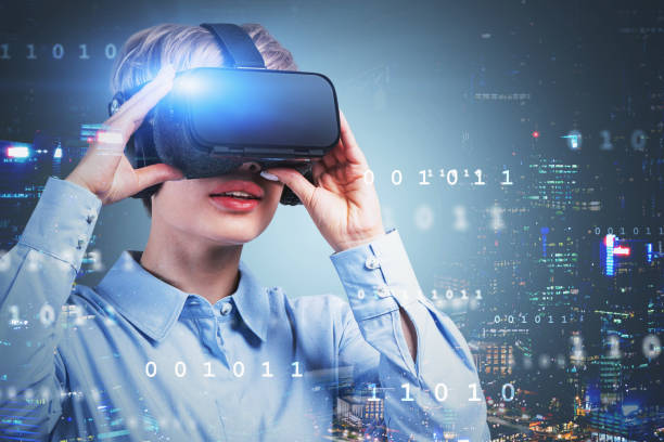 istock Woman in VR glasses in city, digital interface 1191250389