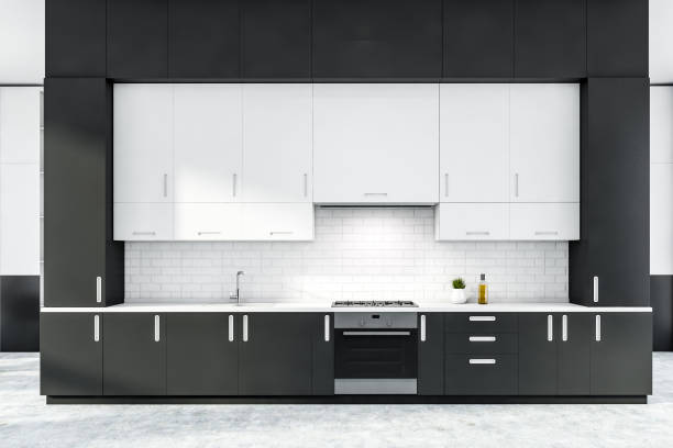 istock Gray and white kitchen interior with countertops 1191250505