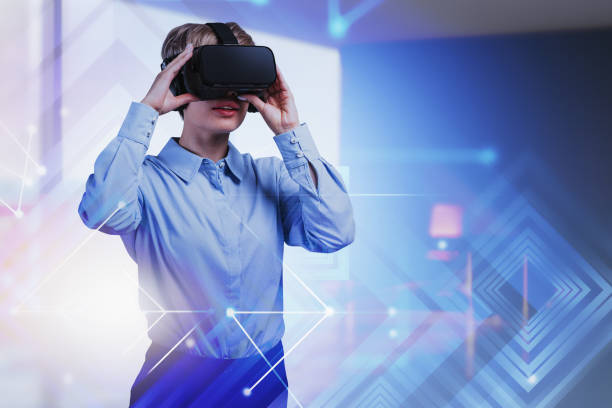 istock Woman in VR glasses at home, virtual interface 1191250768