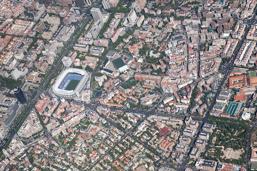 Madrid, Spain, September 2019: Aerial photo of Santiago Bernabeu, stadium of Real Madrid