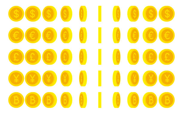 인기있는 통화 기호와 회전 동전의 집합입니다. 흰색 배경에 격리된 벡터 애니메이션 스프라이트 시트 - pound symbol sign currency symbol symbol stock illustrations