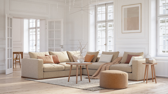 Scandinavian interior design living room 3d render with beige colored furniture and wooden elements