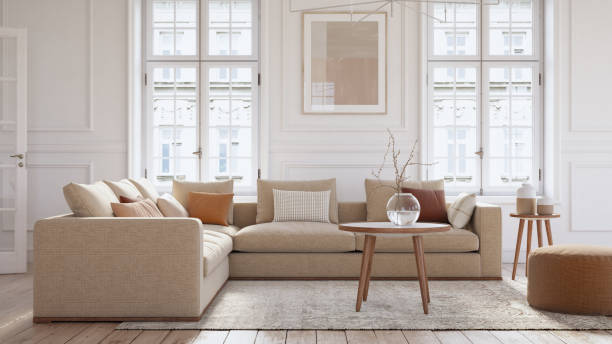 현대 스칸디나비아 거실 인테리어 - 3d 렌더링 - contemporary furniture 뉴스 사진 이미지