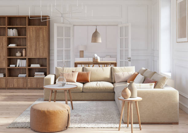 moderno scandinavo soggiorno interno - 3d rendering - contemporary furniture foto e immagini stock