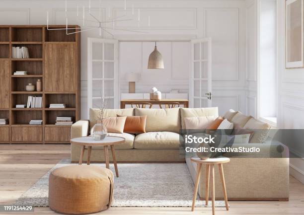 Modern Scandinavian Living Room Interior 3d Render Stock Photo - Download Image Now