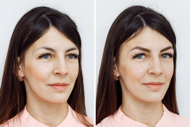 istock Photo comparison before and after permanent makeup, tattooing of eyebrows 1191255725