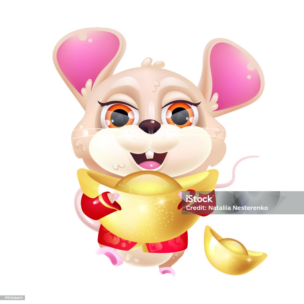 Cute Mouse Kawaii Cartoon Vector Character Adorable And Funny Chinese  Zodiac Animal With Gold Bars Isolated Sticker Patch Oriental Lunar New Year  Anime Baby Rat Emoji On White Background Stock Illustration -