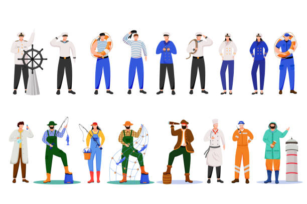Maritime professions flat vector illustration. Sailors in uniform. Marine occupation. Nautical career. Cruise service. Ship team isolated cartoon characters on white background Maritime professions flat vector illustration. Sailors in uniform. Marine occupation. Nautical career. Cruise service. Ship team isolated cartoon characters on white background fisher role illustrations stock illustrations