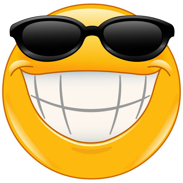 ilustraciones, imágenes clip art, dibujos animados e iconos de stock de gafas de sol emoticono con gran sonrisa - cheesy grin illustrations