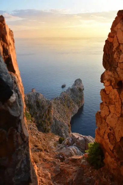 Beautiful sea and rocks view during sunset from Alanya castle at peninsula. Turkey