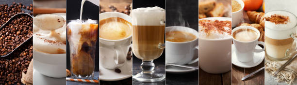 kaffee-collage verschiedener arten kaffeegetränke - kaffee getränk stock-fotos und bilder