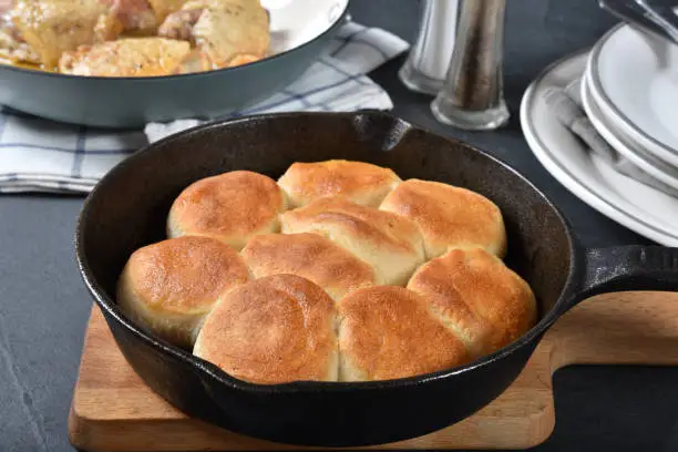 Photo of Baked biscuits in a cast iron skillet