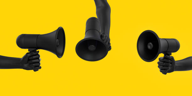 Black hand holding Megaphone on yellow background in different poses. Isolated loudspeaker announcement and Sale creative banner concept. 3d rendering.
