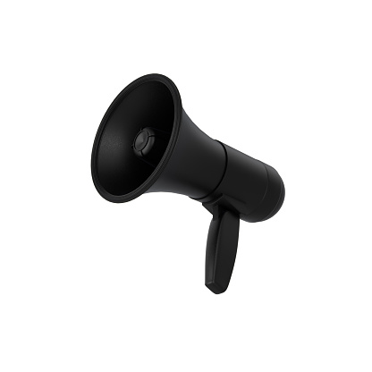 Black bullhorn announcement concept, megaphone isolated on white background. 3d rendering