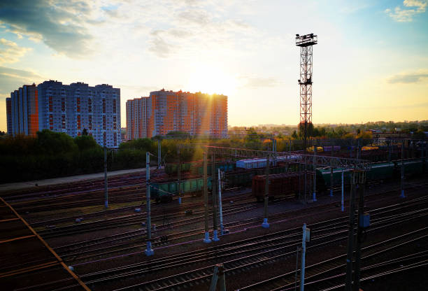istock Train station during sunset transportation background 1191272299