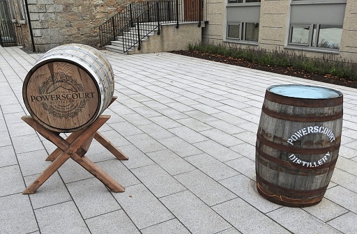 23rd October 2019, Enniskerry, County Wicklow, Ireland.  Whiskey barrels outside Powerscourt Whisky Distillery, home of the Fercullen Irish whiskey brand.