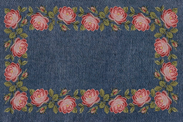 3d background, maple leaves on blue fabric canvas texture. Denim color. Murals effect.