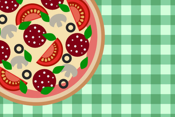 Uncut round pizza with mushrooms, tomatoes, salami, cheese, green and olives with sauce top view on the table copy space 3D illustration