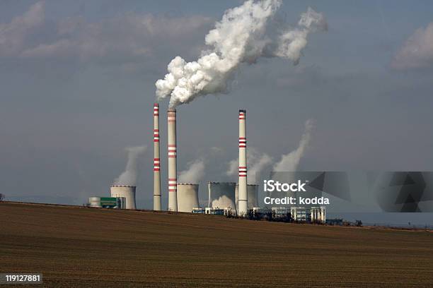 View Of Coal Power Plant Over The Field Stock Photo - Download Image Now - Blue, Building Exterior, Built Structure