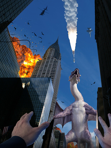 Last day in New York. Disaster in USA. Nuclear missiles are being used against the giant creature invasion in New York.\n\nSimilar image (background) from my istock portfolio:\n1171282497, 843771604 and 861853706\n\nI took this image (background) from my trip to New York City, USA at June, 2012.
