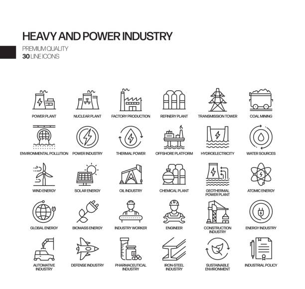 중공업 및 전력 산업 관련 벡터 선 아이콘의 간단한 집합입니다. 윤곽선 기호 컬렉션 - construction built structure metal material stock illustrations