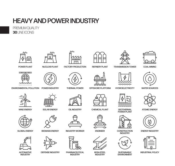 stockillustraties, clipart, cartoons en iconen met eenvoudige set van zware en power-industrie gerelateerde vector lijn iconen. outline symbol-collectie - energiecentrale