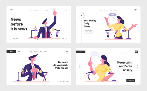 zestaw stron docelowych strony docelowej mowy kandydata, wykładu, prezentacji lub wywiadu telewizyjnego. mężczyzna i kobieta orators stojący na trybun z mikrofonami web page banner. kreskówka płaskie wektor ilustracja - prezydent obrazy stock illustrations